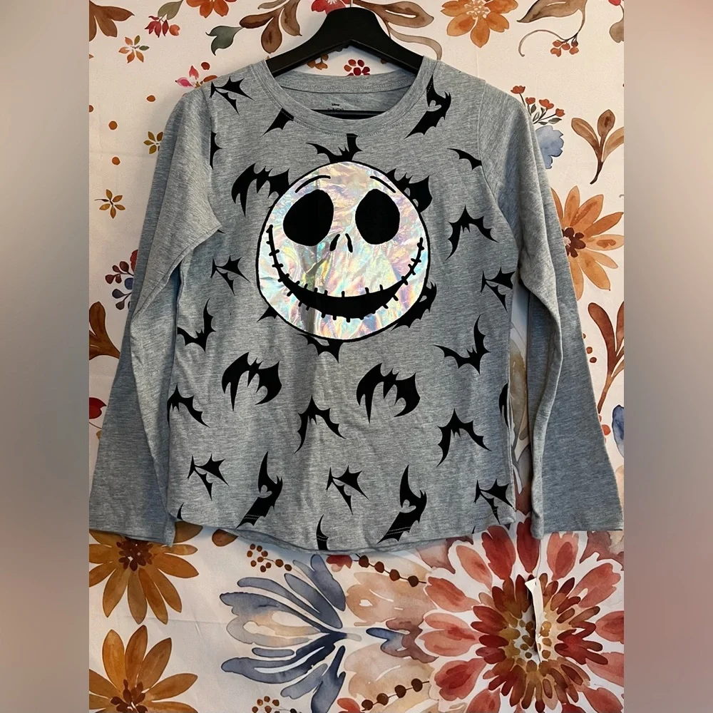 NWT Disney Jack Skellington Girl XL/16 Grey Black Iridescent Bat Long Sleeve Tee